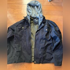 Alliance Fashion black men’s light weight jacket sizeXL. Gray hood is removable